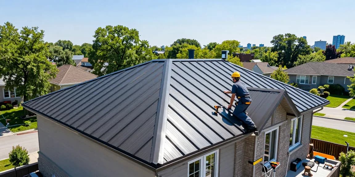Inspecting a metal roof in Toronto, showcasing durability and design for homeowners.