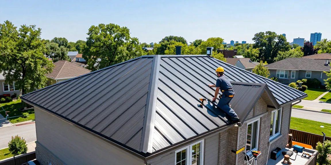 Inspecting a metal roof in Toronto, showcasing durability and design for homeowners.