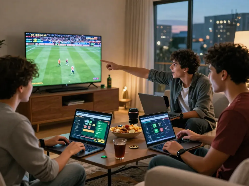 Exciting Bitcoin sports betting scene in Canada with friends enjoying a game night