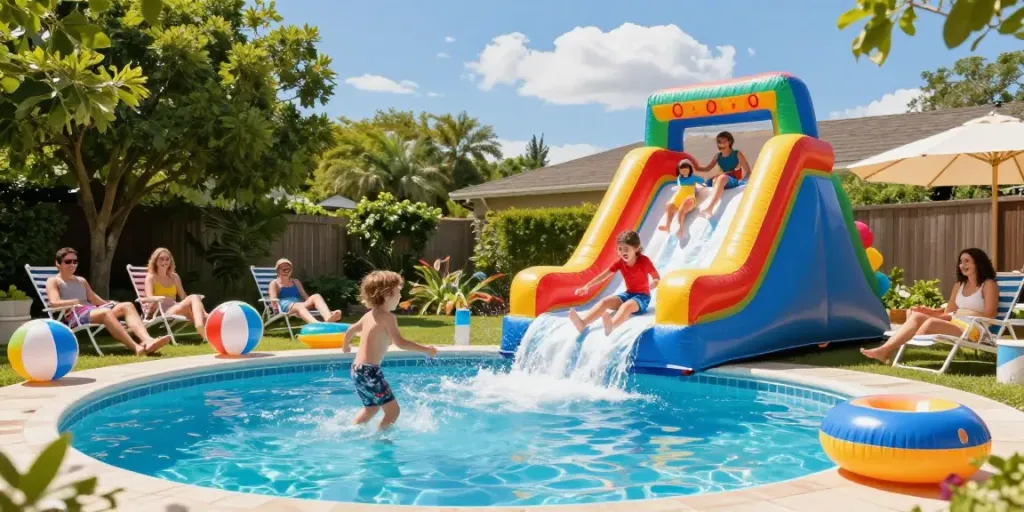 Children joyfully using a colorful water slide in a sunny backyard.