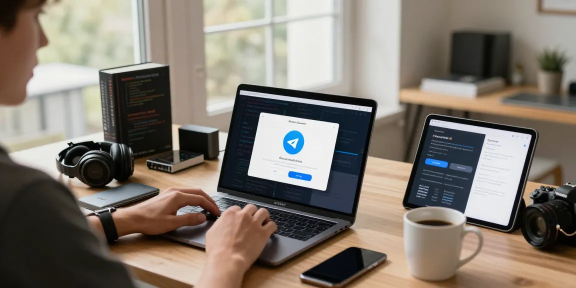 Telegram download process in a modern tech workspace with app features displayed on a laptop.
