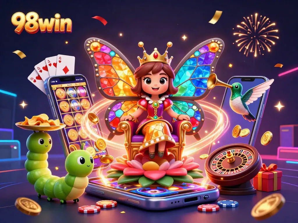 Engage with vibrant casino excitement featuring 98win's butterfly queen in a stunning illustration.