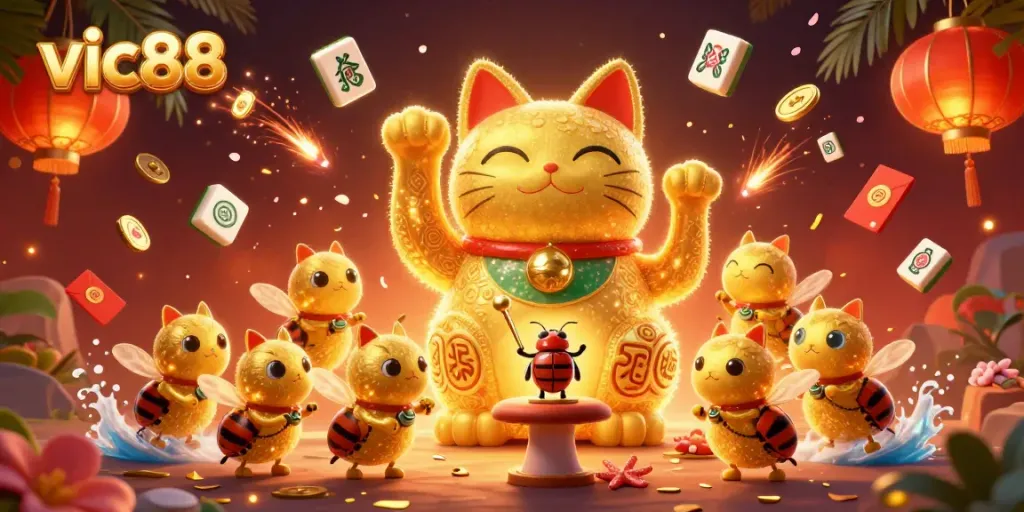 Experience the thrilling vic88 casino with a lucky cat surrounded by festive symbols and golden fireworks.