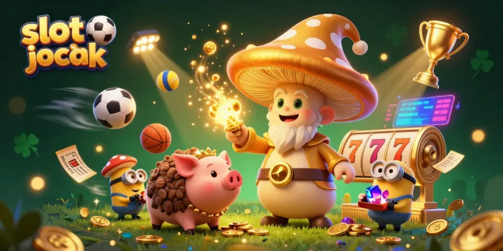 Experience the thrill of winning with slot jackpot in this colorful 3D scene depicting a wizard and treasure.