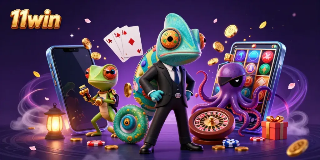 Experience thrills at 11win with a colorful casino scene featuring a chameleon agent, gecko, and octopus.