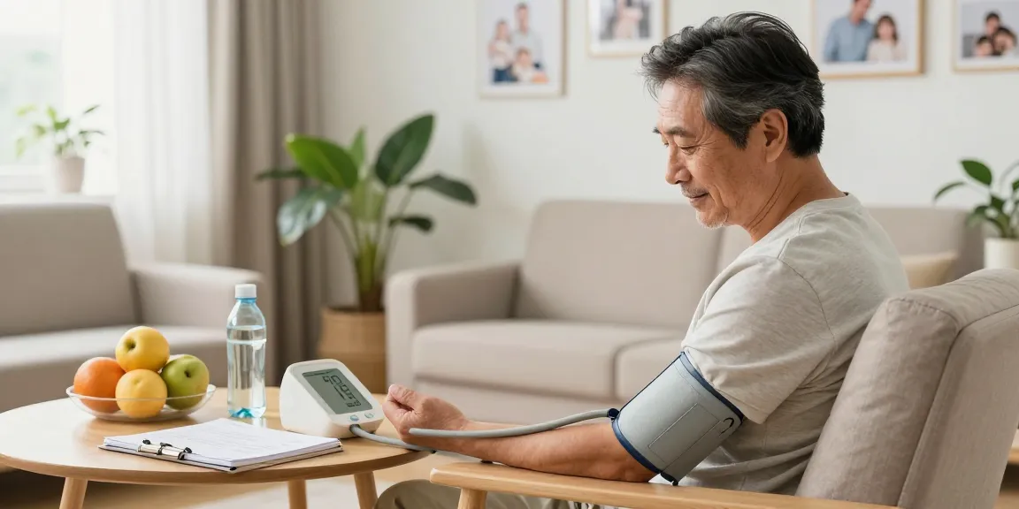 Man engaged in blood pressure monitoring at home, showcasing a health-conscious lifestyle.