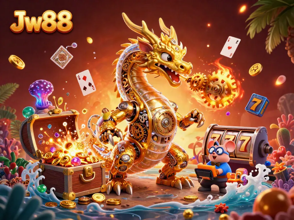 Experience the thrill of Jw88 with a dynamic 3D illustration showcasing an enchanting dragon and casino elements.