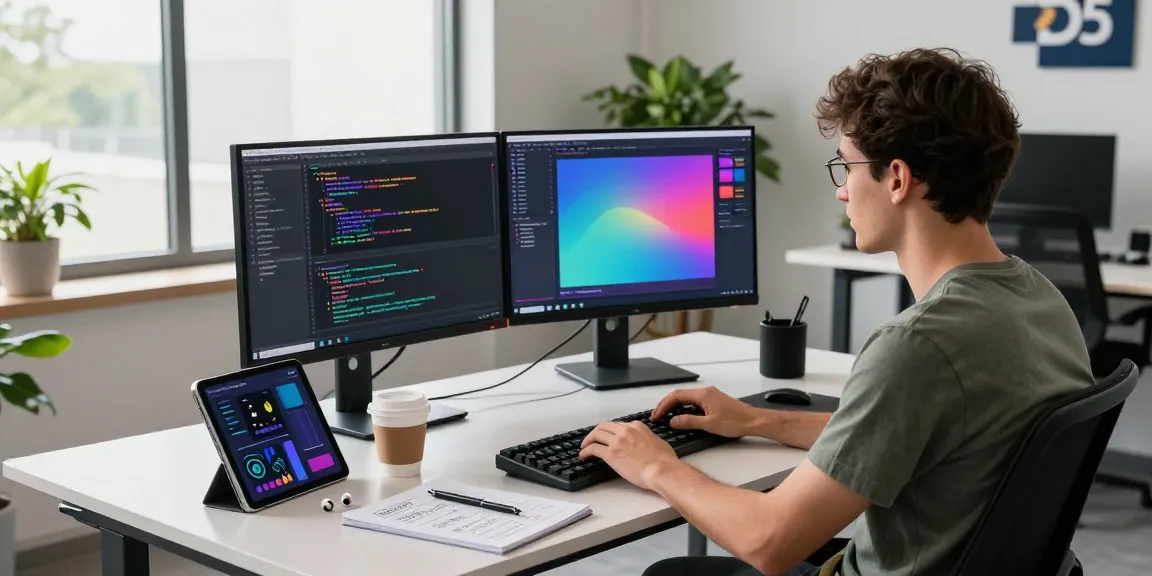 WPS Download in a modern workspace with a developer coding actively using multiple screens and tech gadgets.