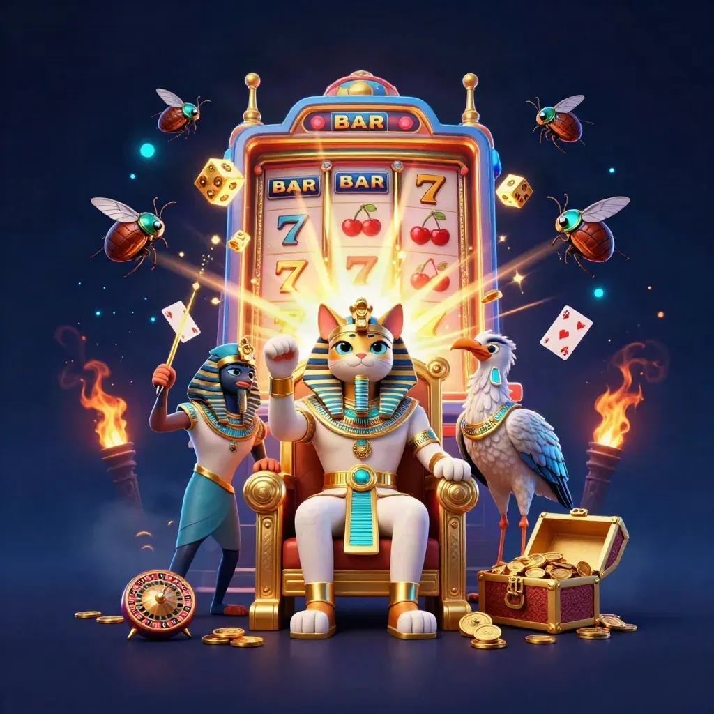 Pharaoh cat on throne amid exploding slot symbols, coins, and glowing blue casino effects.