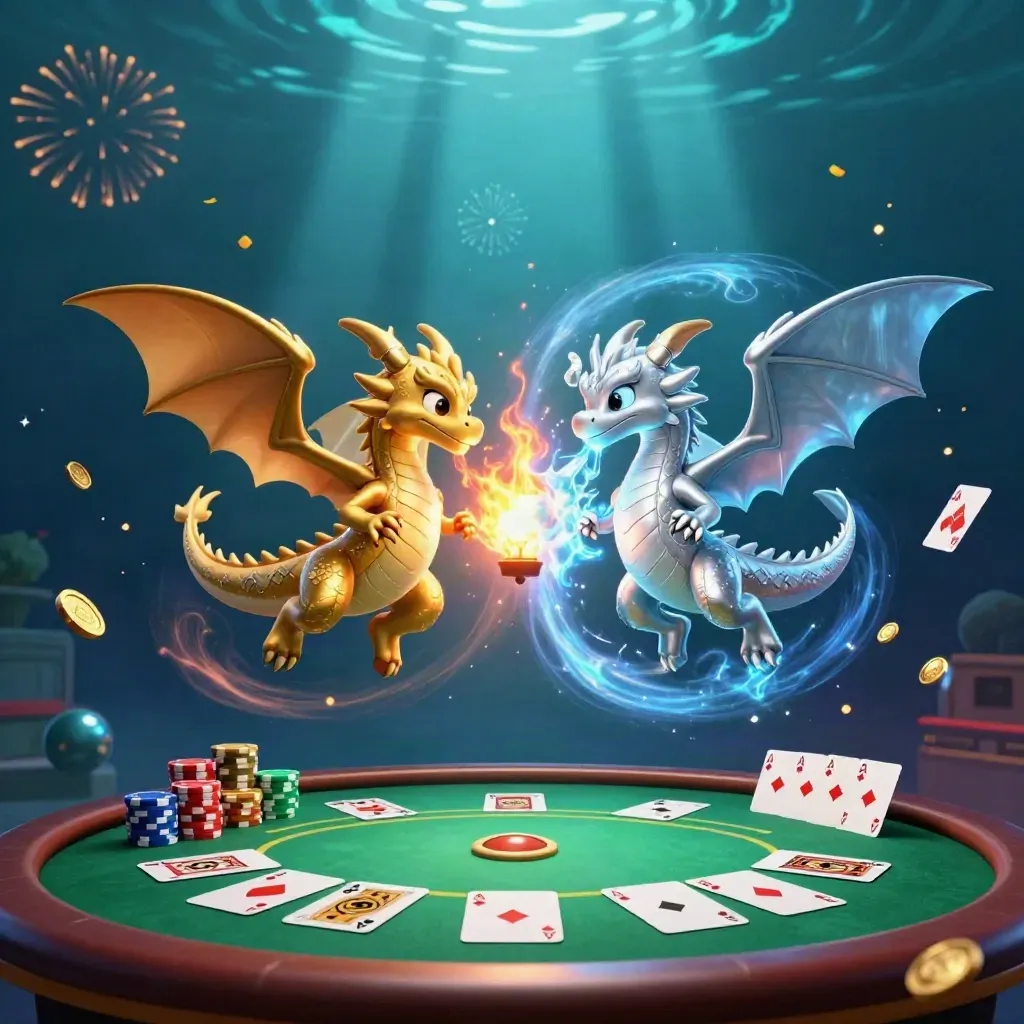 Gold and silver dragons swirl above casino props in a glowing underwater scene.