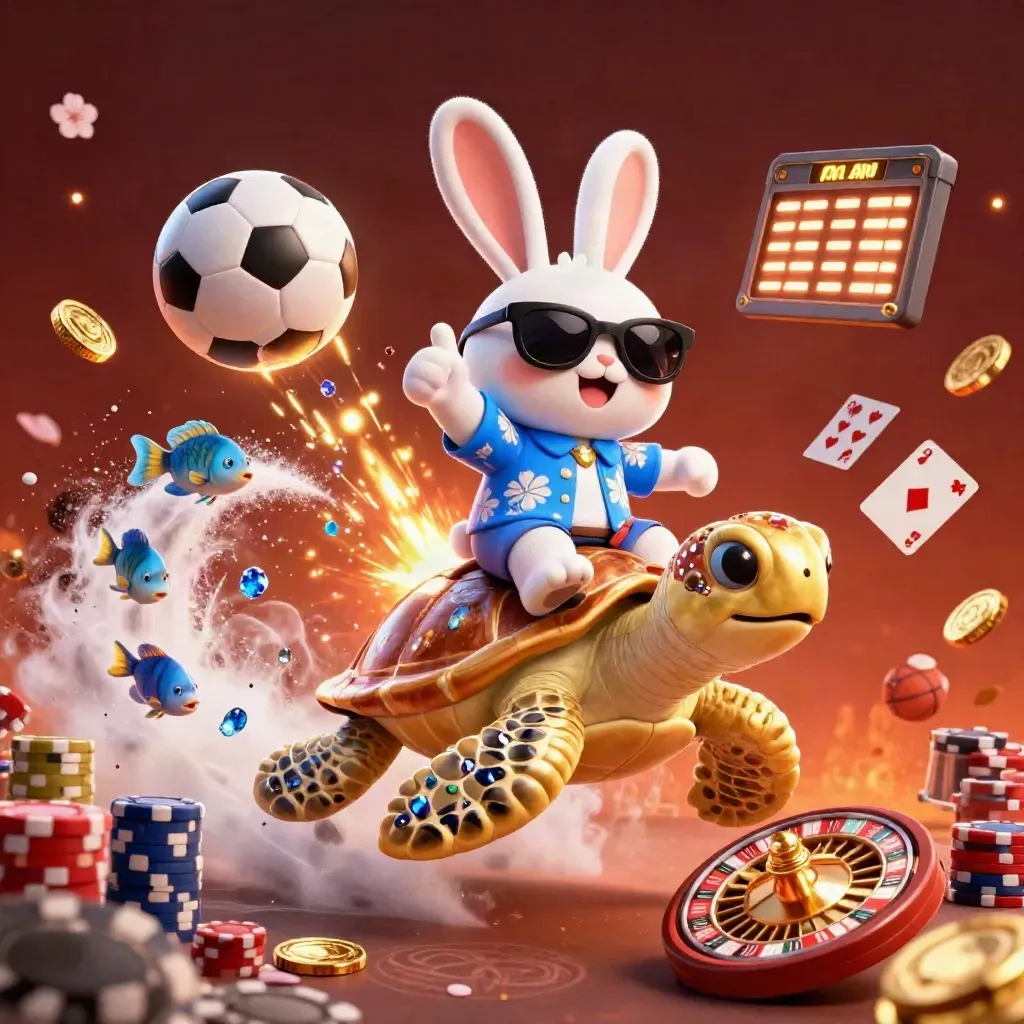Rabbit in shades rides a gem-shell sea turtle amid coins, cards, chips and tropical fish.