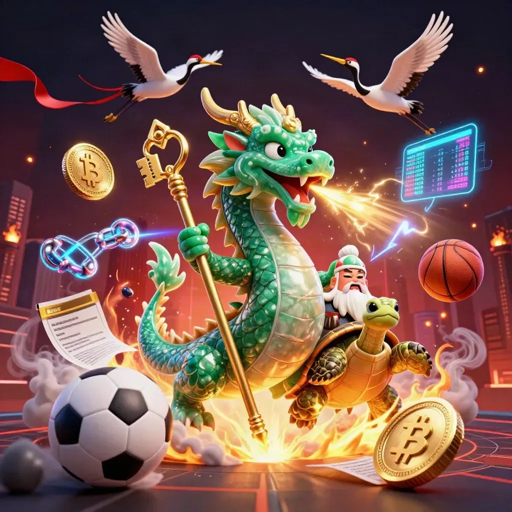 Jade dragon, turtle sage and cranes amid coins, fire, and sports gear.