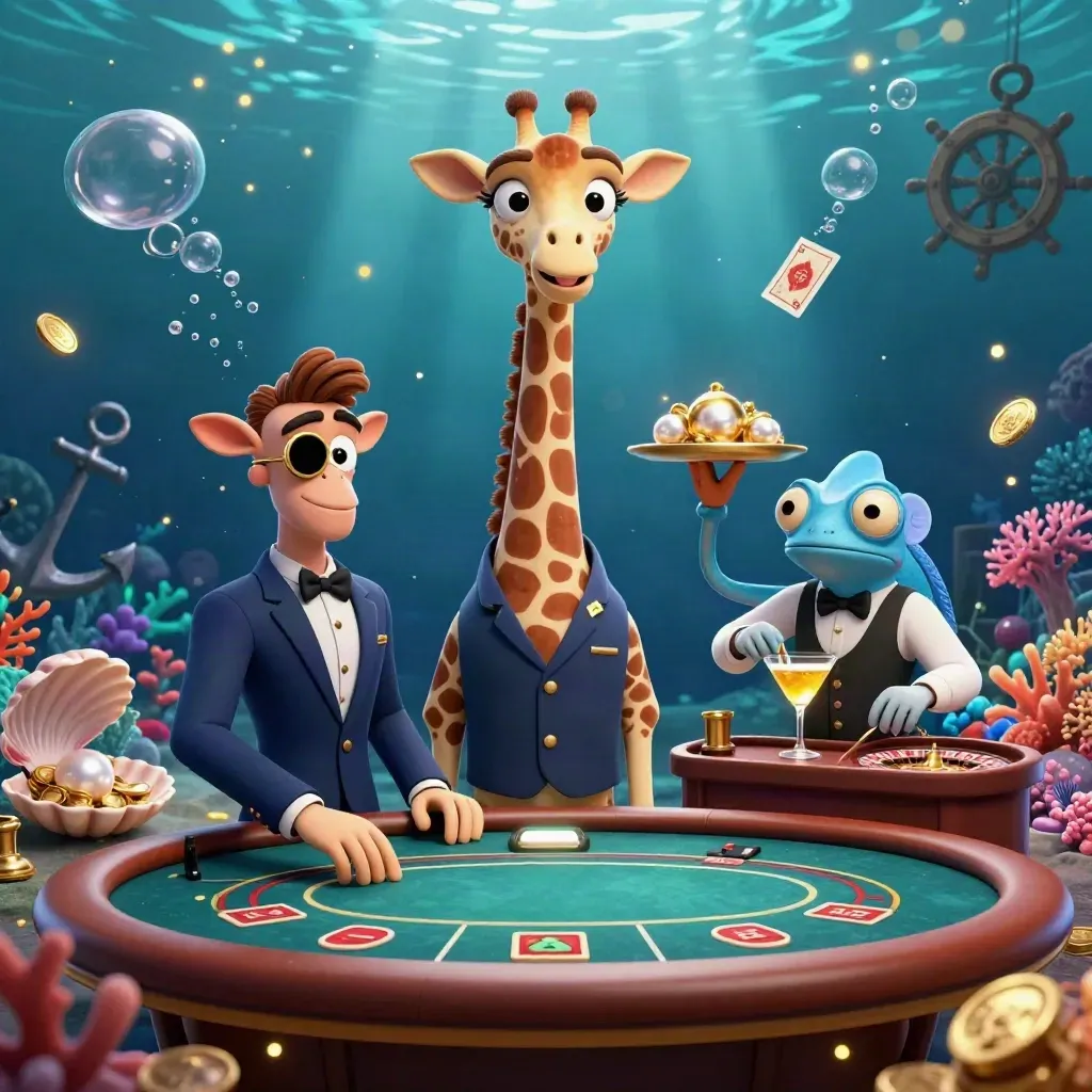 Giraffe high roller, monkey valet and chameleon bartender in an underwater casino treasure cove