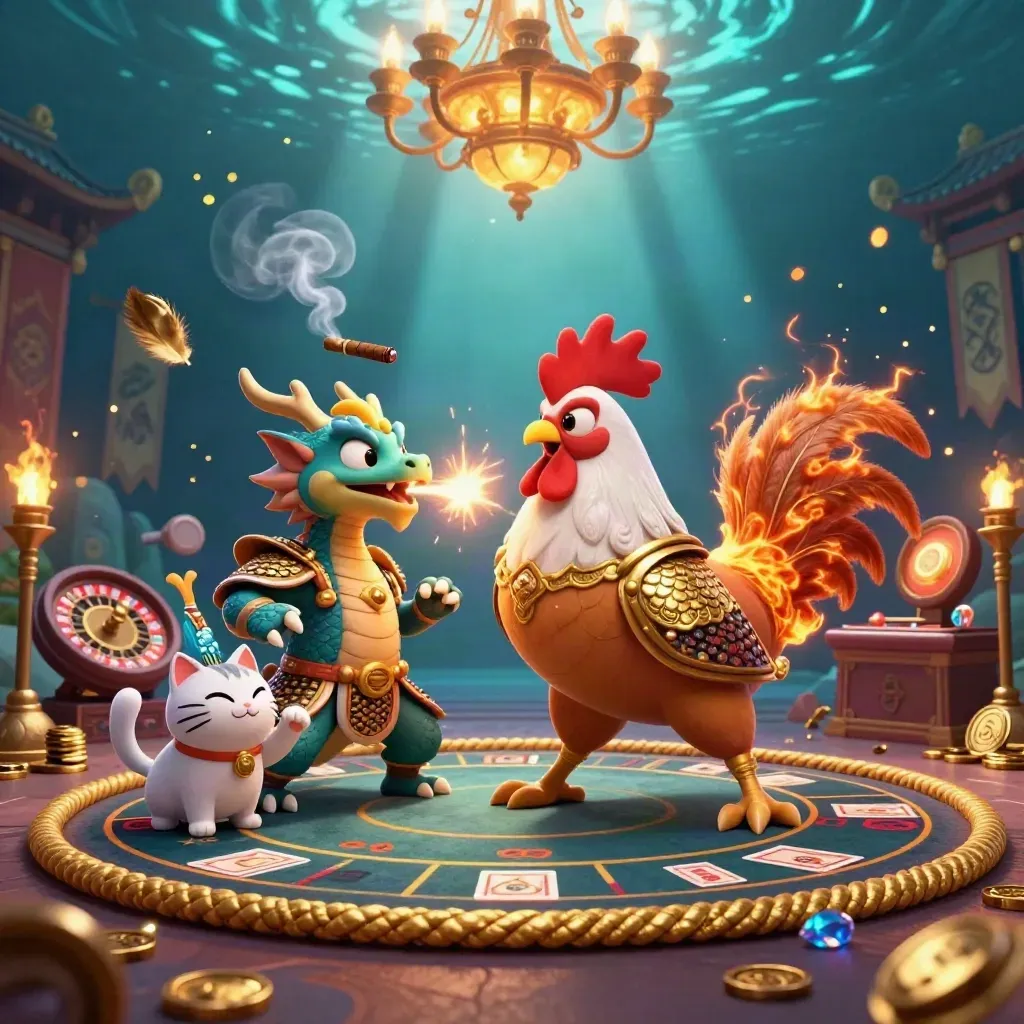 Rooster warrior, dragon hatchling and fortune-cat in a glowing casino ring with coins, sparks and brass light