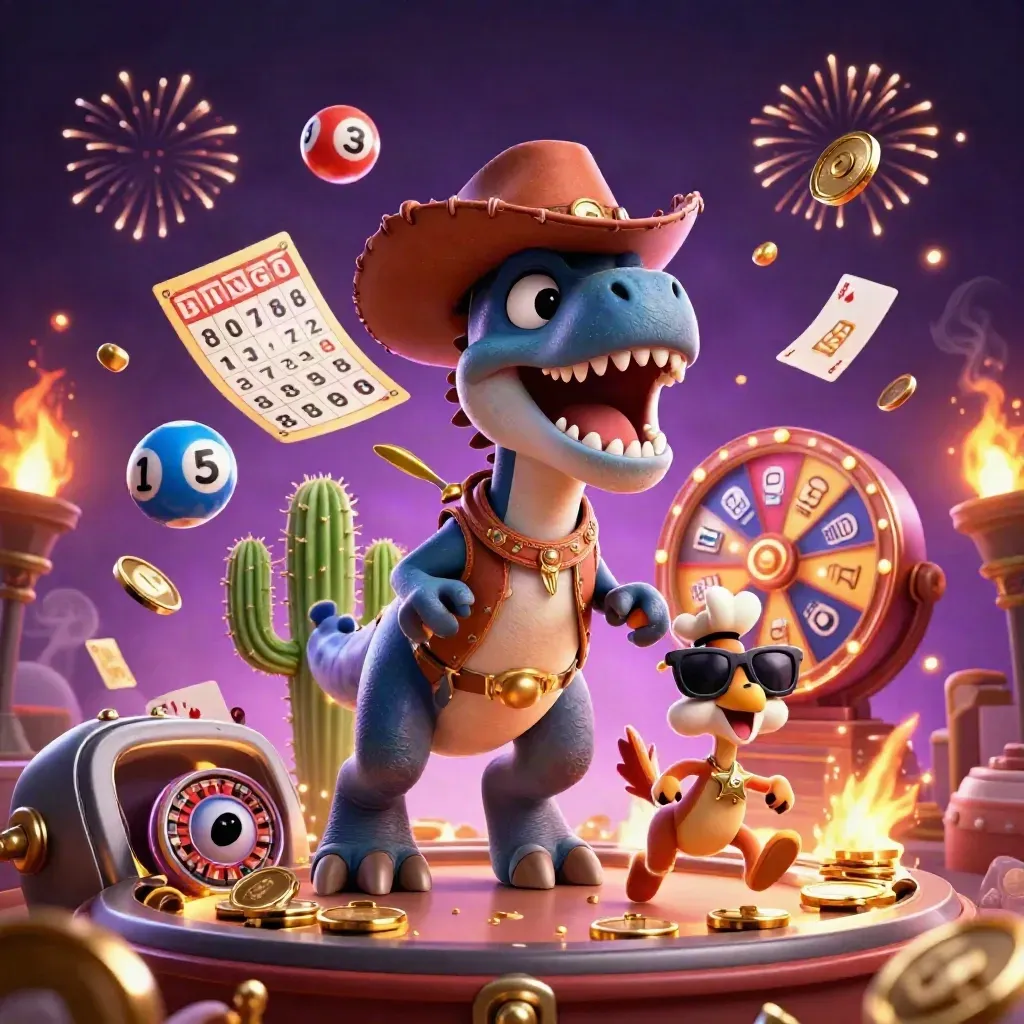 Cowboy T-Rex, cactus sidekick, and roadrunner burst amid casino coins, fireworks, and a prize wheel.
