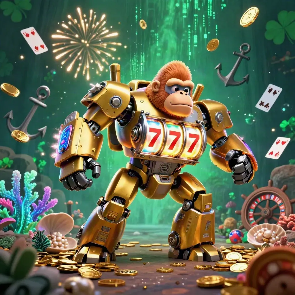 Golden gorilla mech with tiny monkey pilot amid coins, coral, cards, and underwater casino treasure.