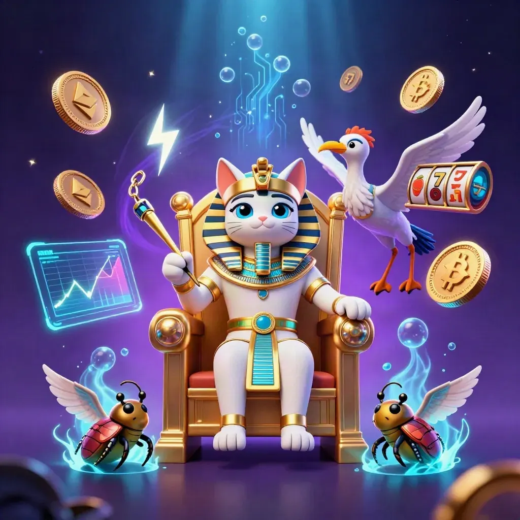 Pharaoh cat, ibis scribe, and gem-winged scarabs amid coins, reels, and crypto glow