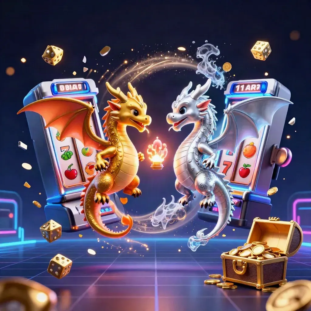 Intertwined gold and silver dragons bursting from a slot machine in a dark neon casino scene.