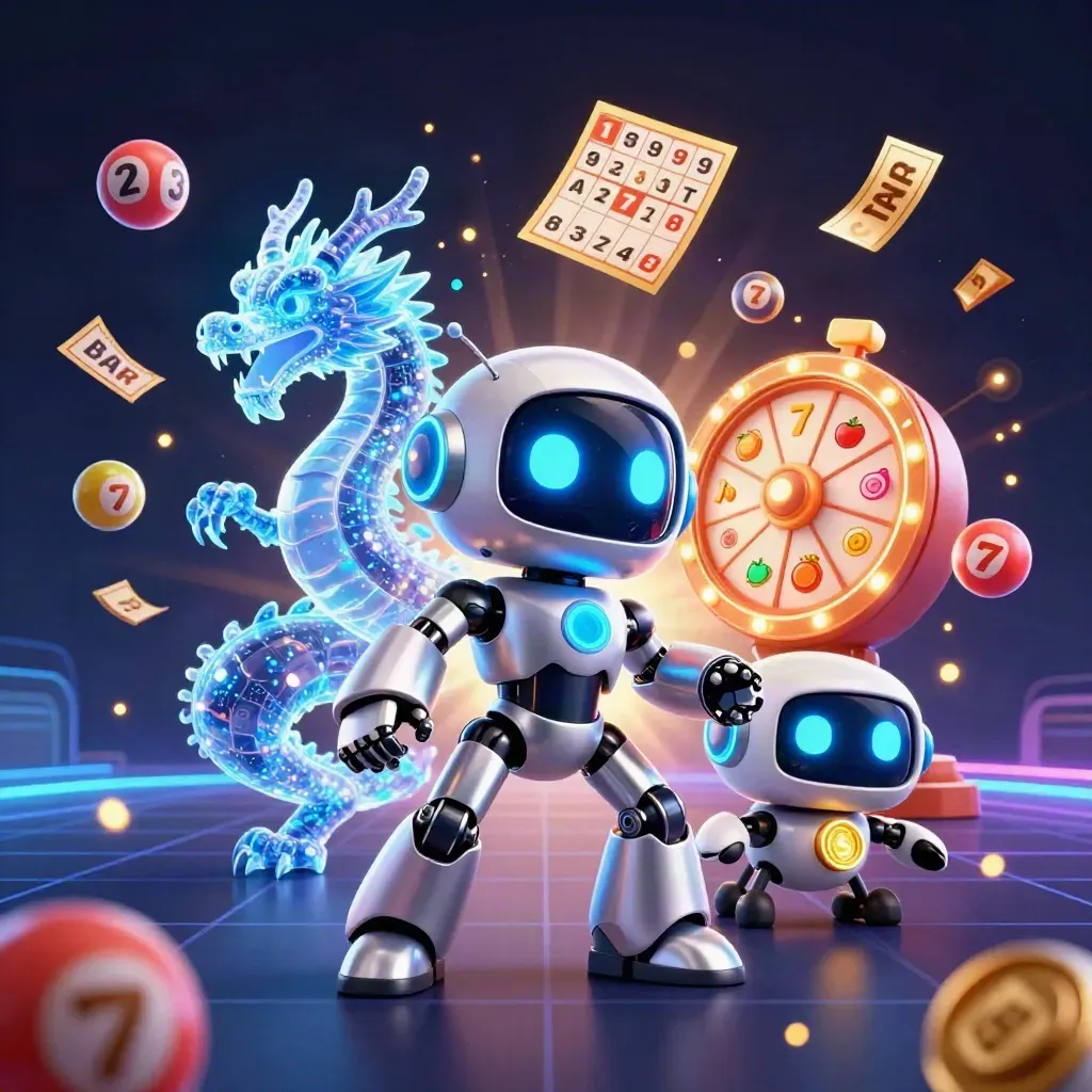 Chrome robot, holographic dragon and coin drone amid casino symbols on a dark neon grid.