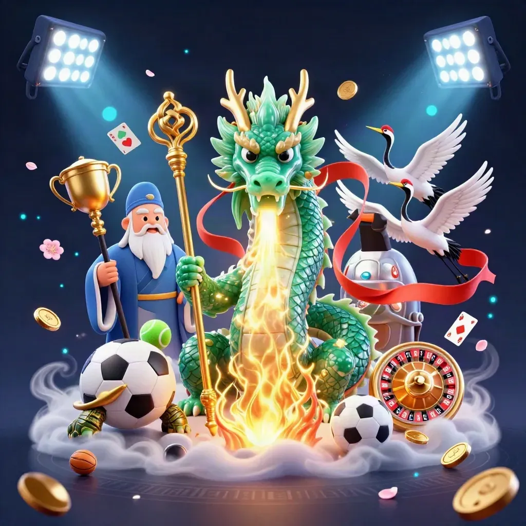 Jade dragon, turtle sage, cranes, and casino rewards glow in a neon nautical fantasy scene