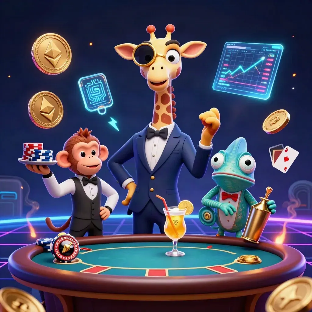 Giraffe, monkey, and chameleon casino heroes amid glowing coins and neon sparks