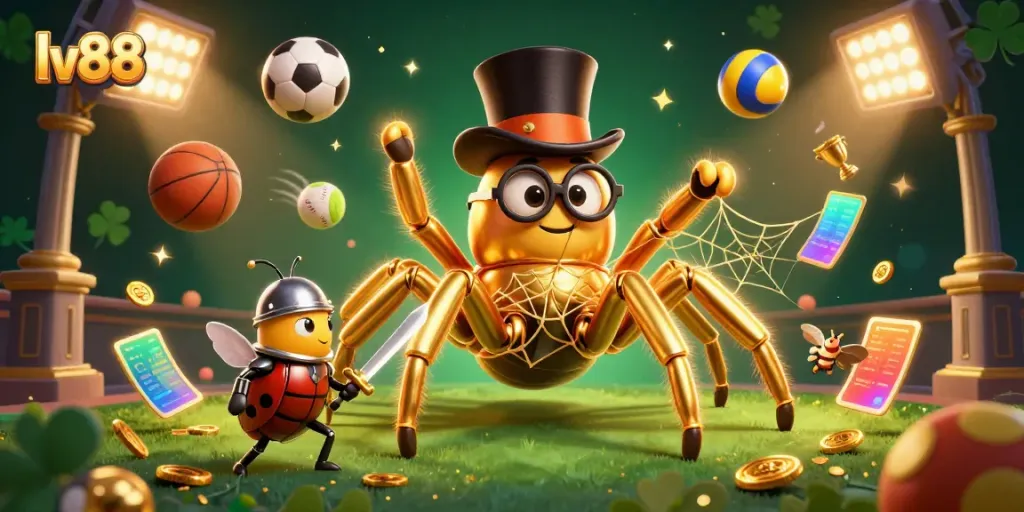 Join the action at lv88 with a dynamic 3D scene featuring a golden tarantula and beetle knight in a vibrant casino setting.