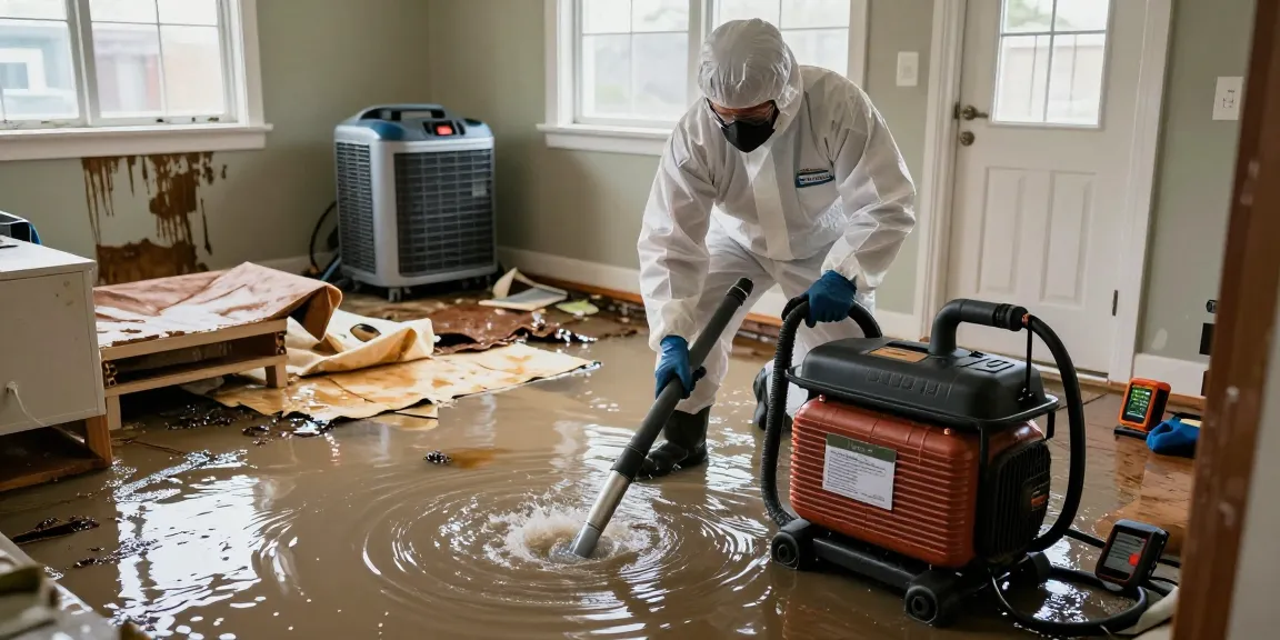 Water Damage Restoration Vancouver: Technician extracting water from a flooded basement with professional equipment.