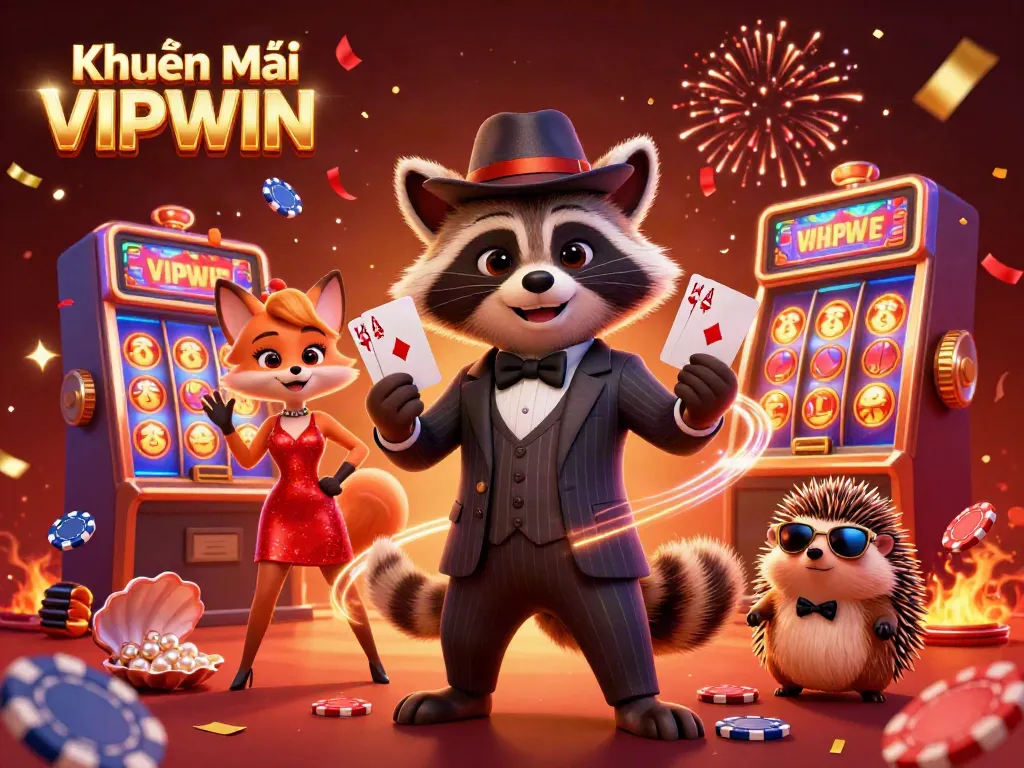 Engage with Khuyến Mại VIPWIN as vibrant raccoon and friends celebrate around dazzling casino elements.