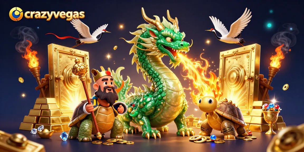 Experience the excitement of crazyvegas with a vibrant illustration featuring a jade dragon, golden treasures, and lucky cranes.