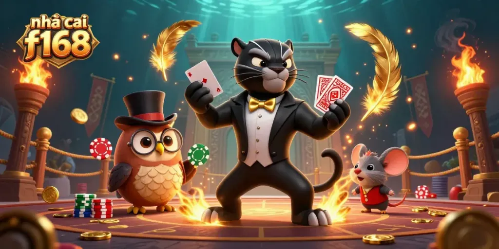 Engage with nhà cái f168 in a vibrant casino scene featuring a panther dealer, owl with chips, and a lucky mouse, full of excitement.