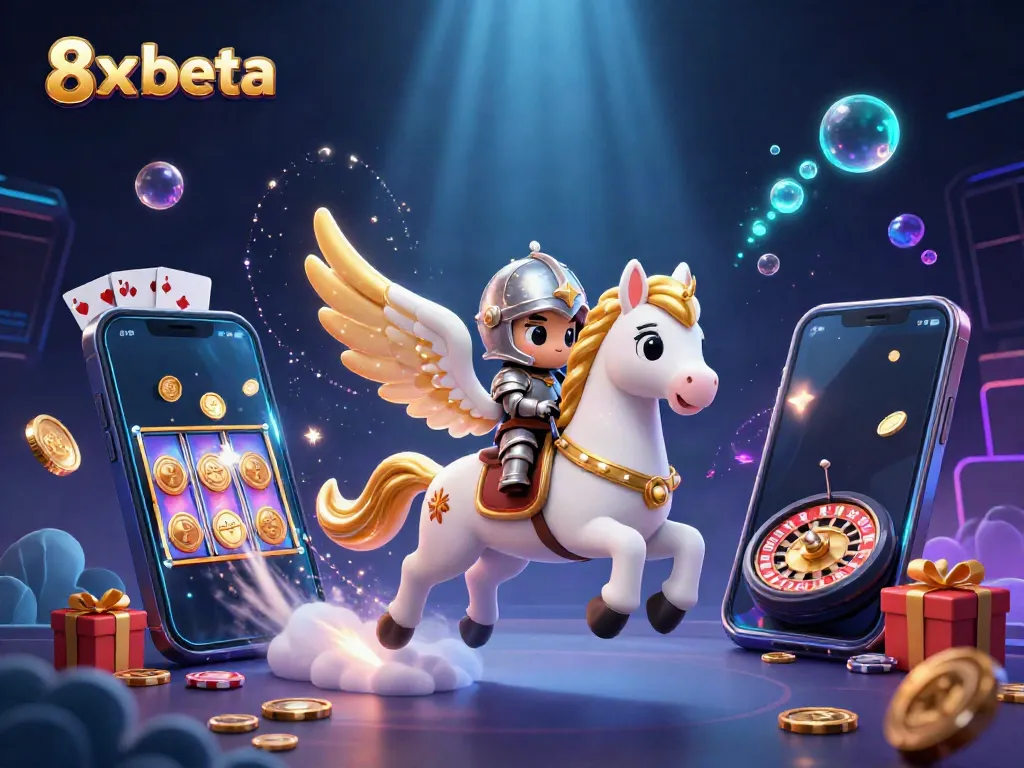 Experience the thrill of 8xbeta with a celestial horse and knight amidst vibrant casino elements.