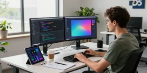 WPS Download in a modern workspace with a developer coding actively using multiple screens and tech gadgets.