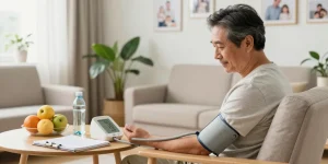 Man engaged in blood pressure monitoring at home, showcasing a health-conscious lifestyle.